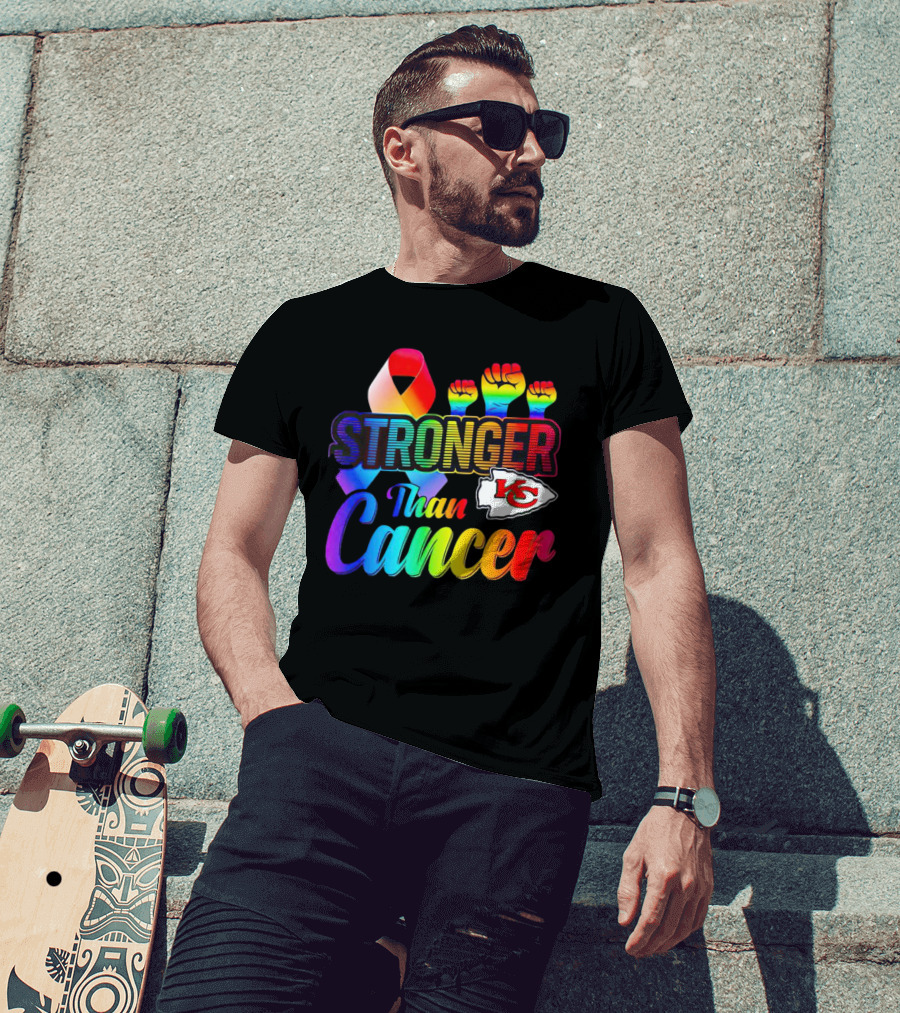 Kansas City Chiefs Stronger Than Cancer Rainbow Ribbon Fists T-Shirt