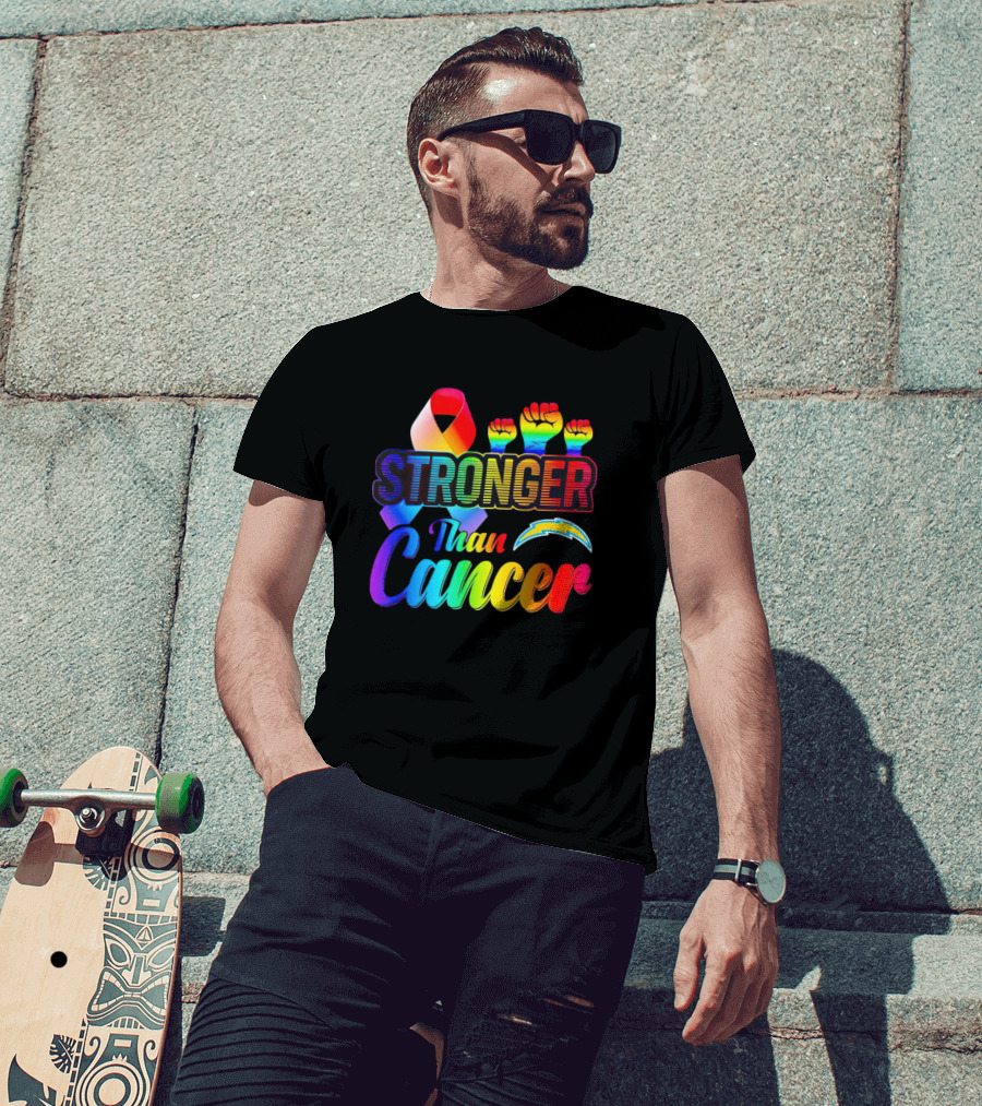 Los Angeles Chargers Stronger Than Cancer Rainbow Ribbon And Fists T-Shirt