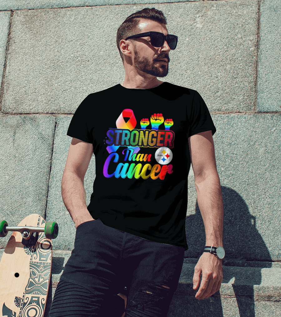 Pittsburgh Steelers Stronger Than Cancer Rainbow Ribbon And Fists T-Shirt