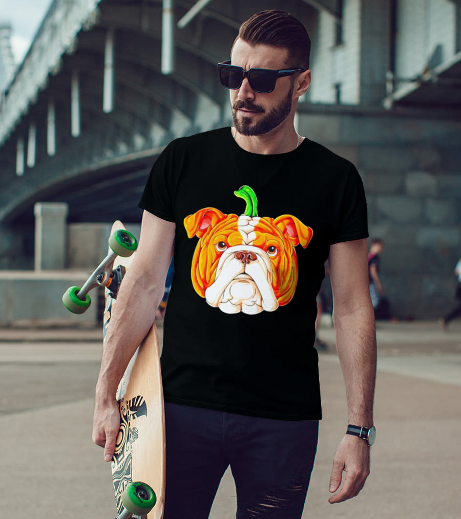 Bulldog Pumpkin Halloween Face With Green Stem T-Shirt
