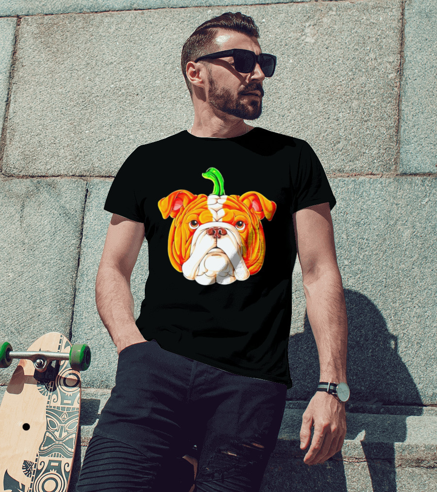 Bulldog Pumpkin Halloween Face With Green Stem T-Shirt
