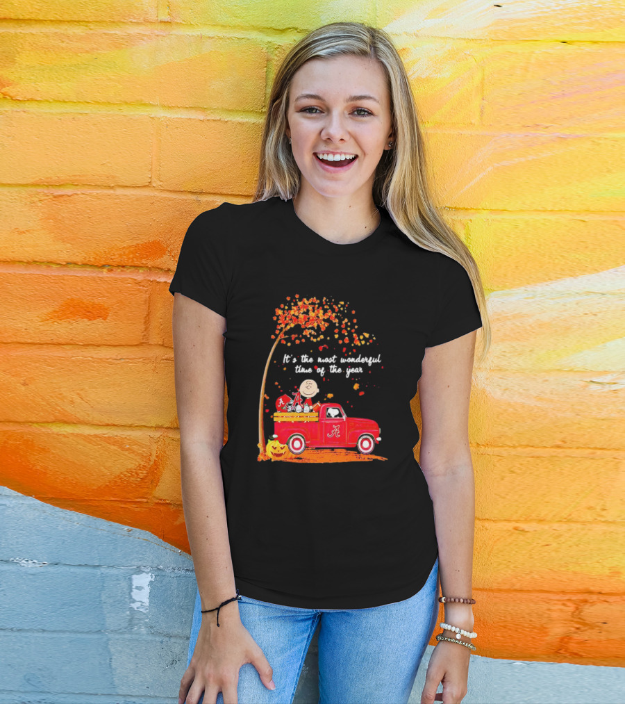 Peanuts Characters Alabama Crimson Tide Fall It's The Most Wonderful Time Of The Year Truck Football Pumpkins Leaves T-Shirt