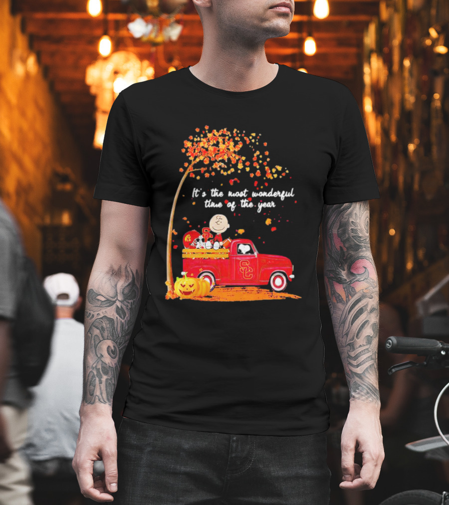 Peanuts Characters USC Trojans Fall It's The Most Wonderful Time Of The Year Football Truck Pumpkin Charlie Brown T-Shirt