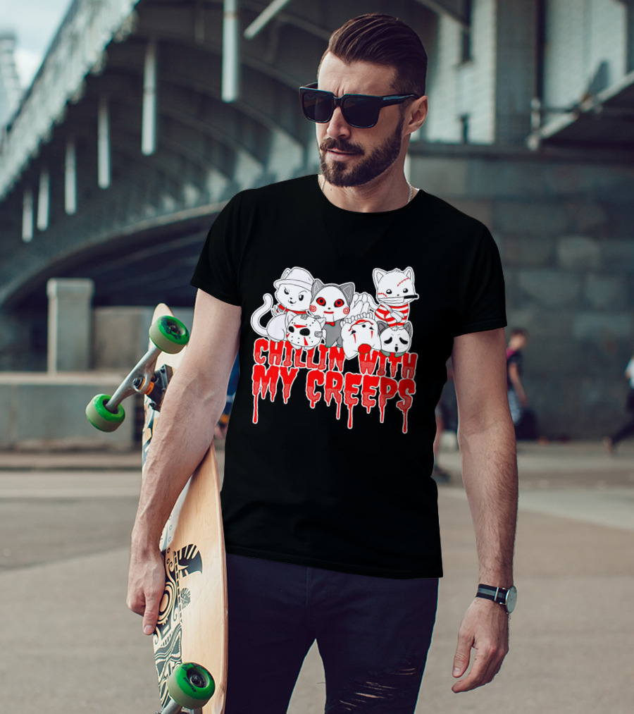 Chillin With My Creeps Cat Horror Icons T-Shirt