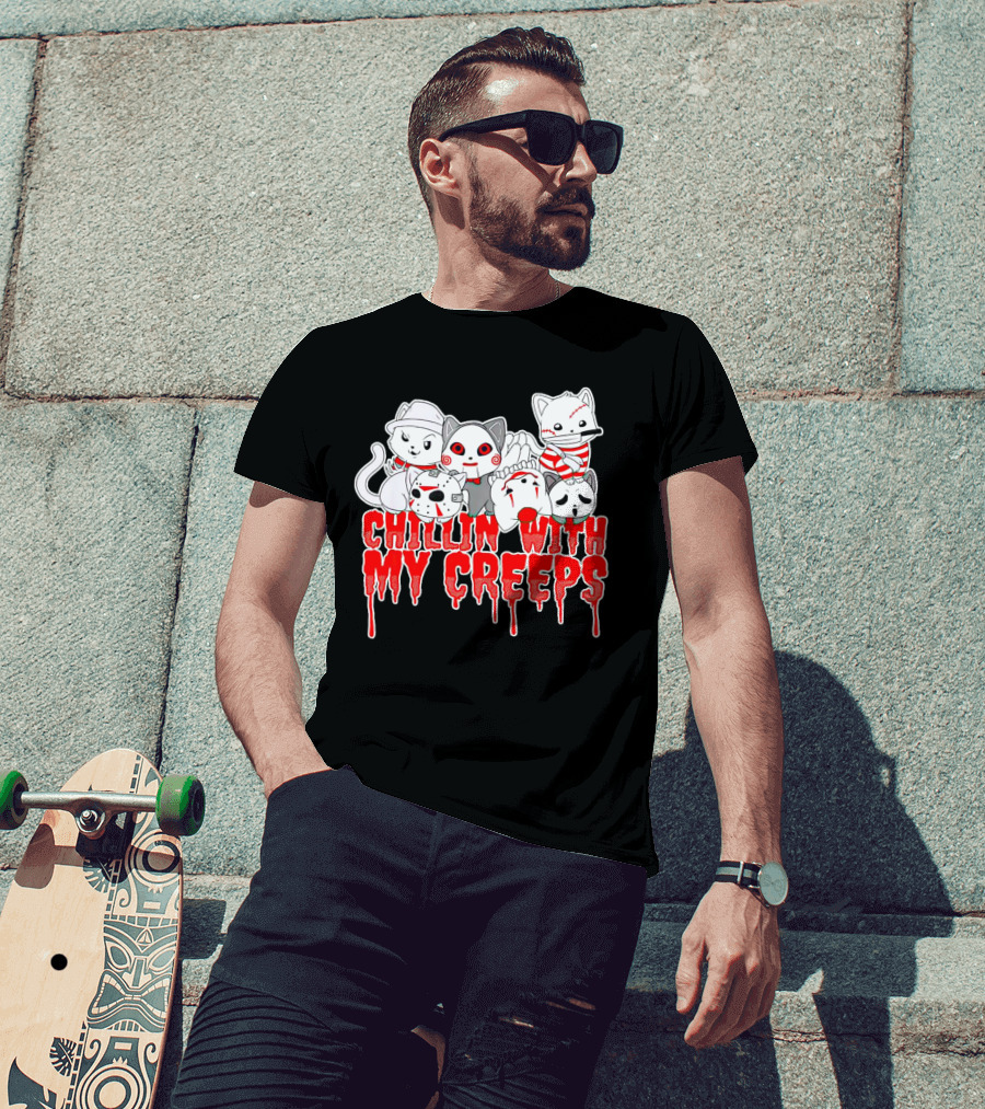Chillin With My Creeps Cat Horror Icons T-Shirt
