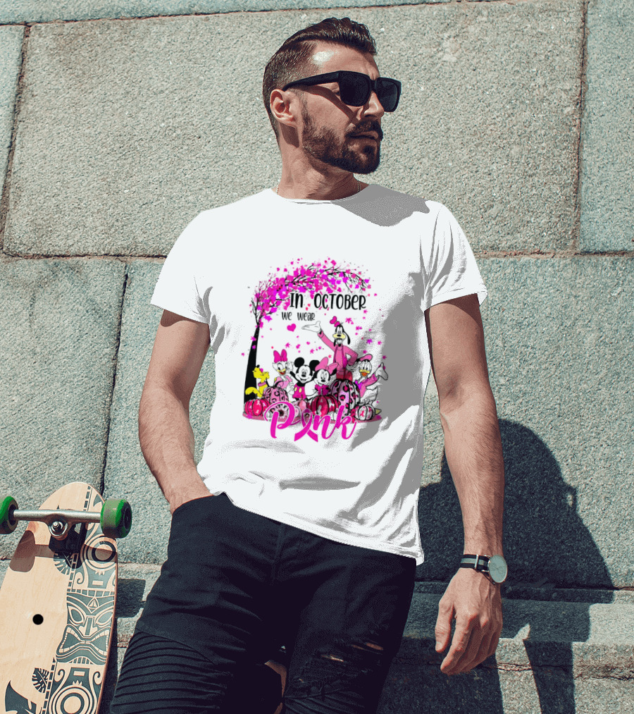 In October We Wear Pink Disney Characters Breast Cancer Awareness T-Shirt