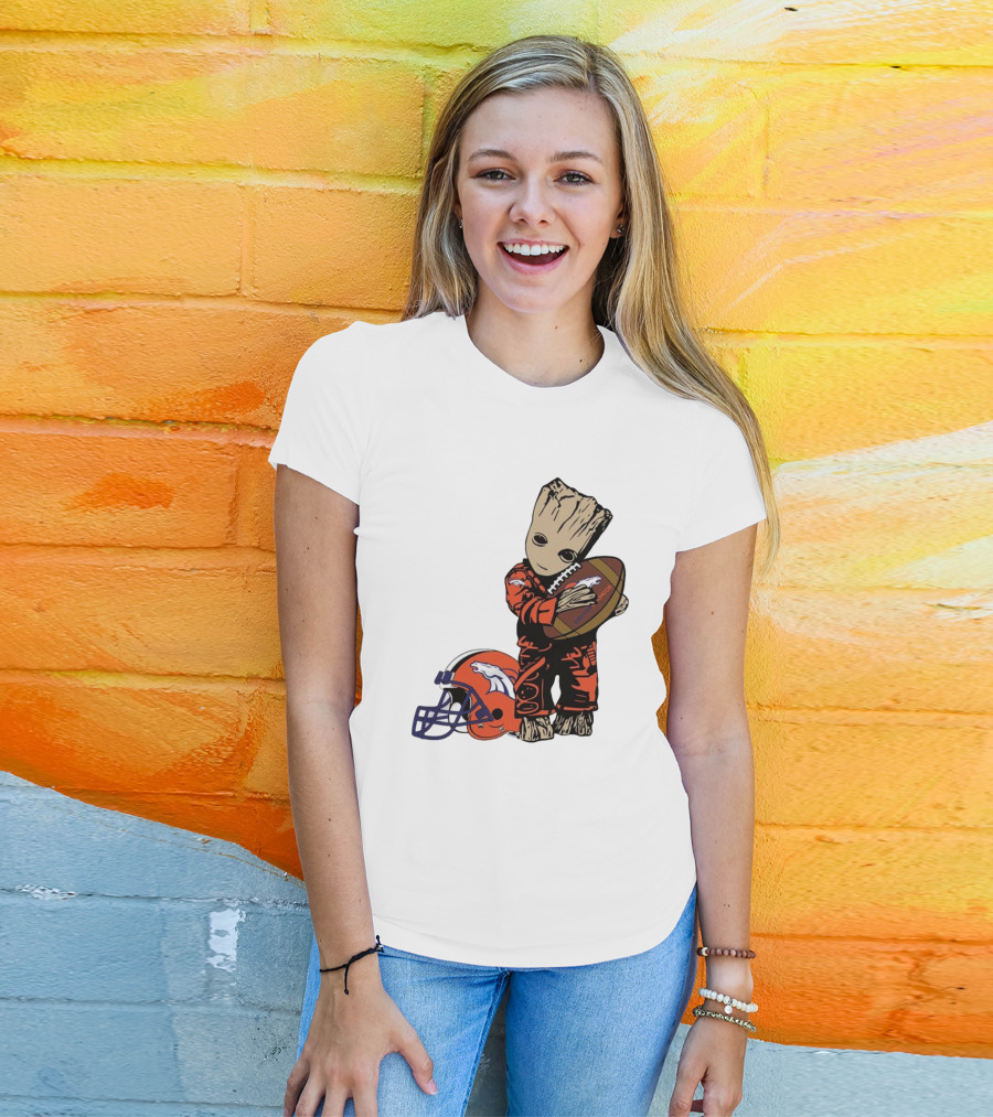 Groot Hugging Denver Broncos Football And Helmet T-Shirt