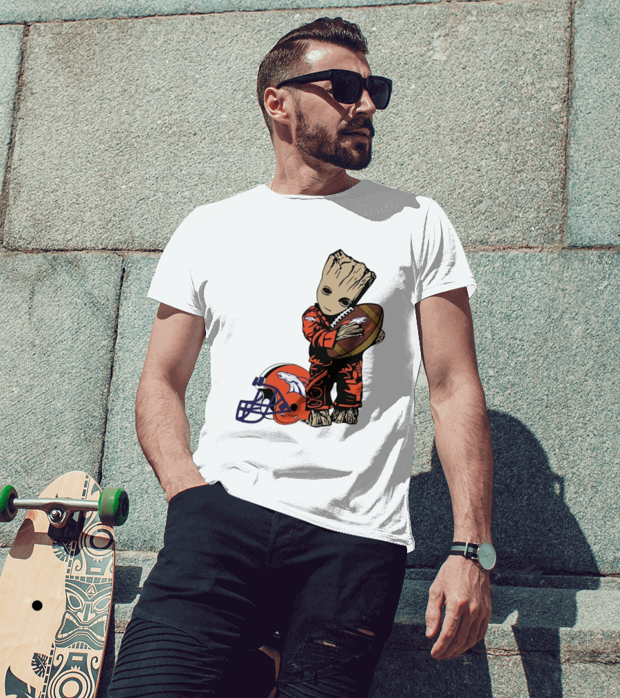 Groot Hugging Denver Broncos Football And Helmet T-Shirt