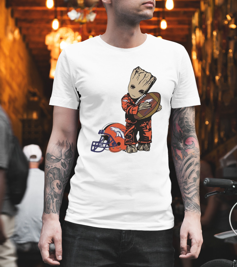 Groot Hugging Denver Broncos Football and Helmet T-Shirt