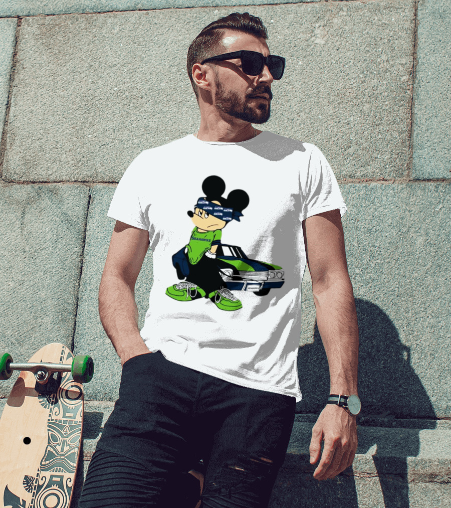 Seattle Seahawks Mickey Mouse Gangster Car Football Fan T-Shirt