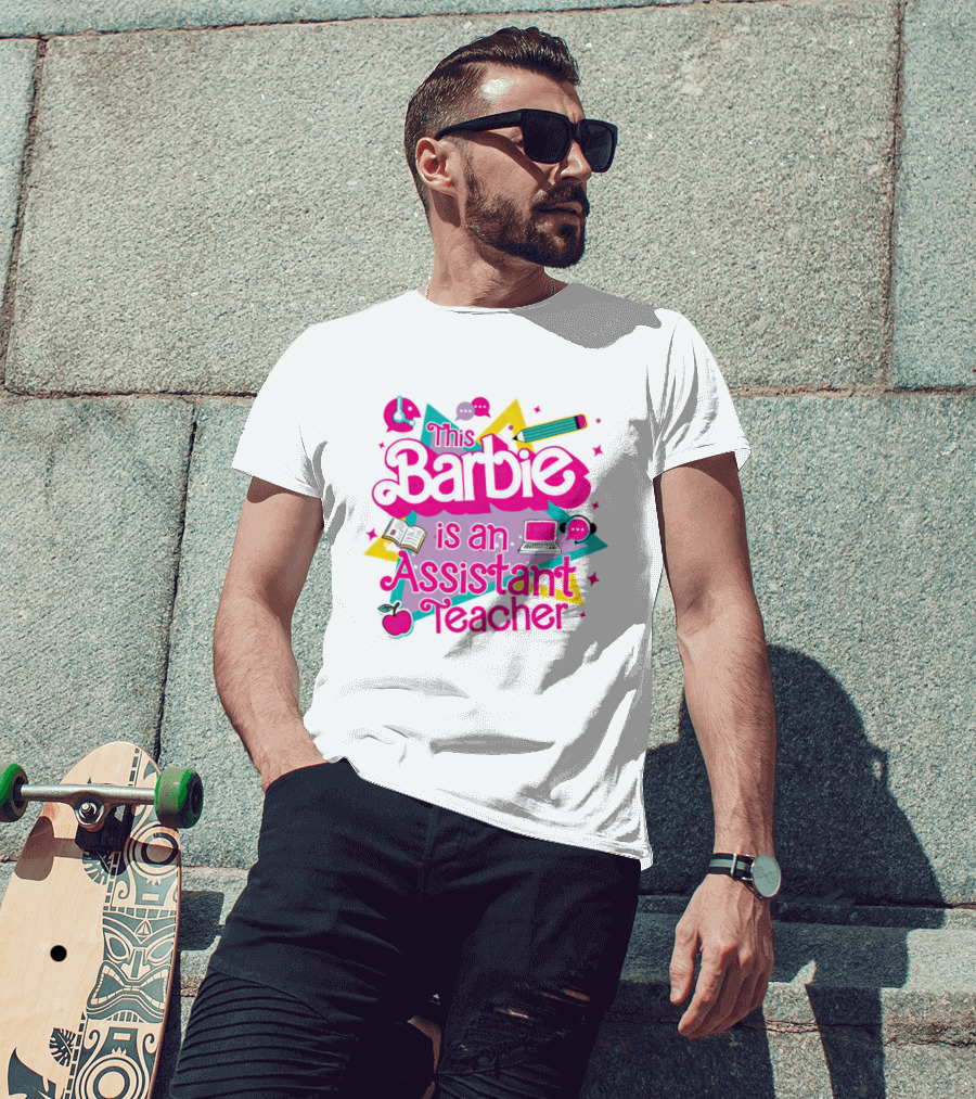 This Barbie Is An Assistant Teacher With Headphones Pencil Book Laptop Apple T-Shirt
