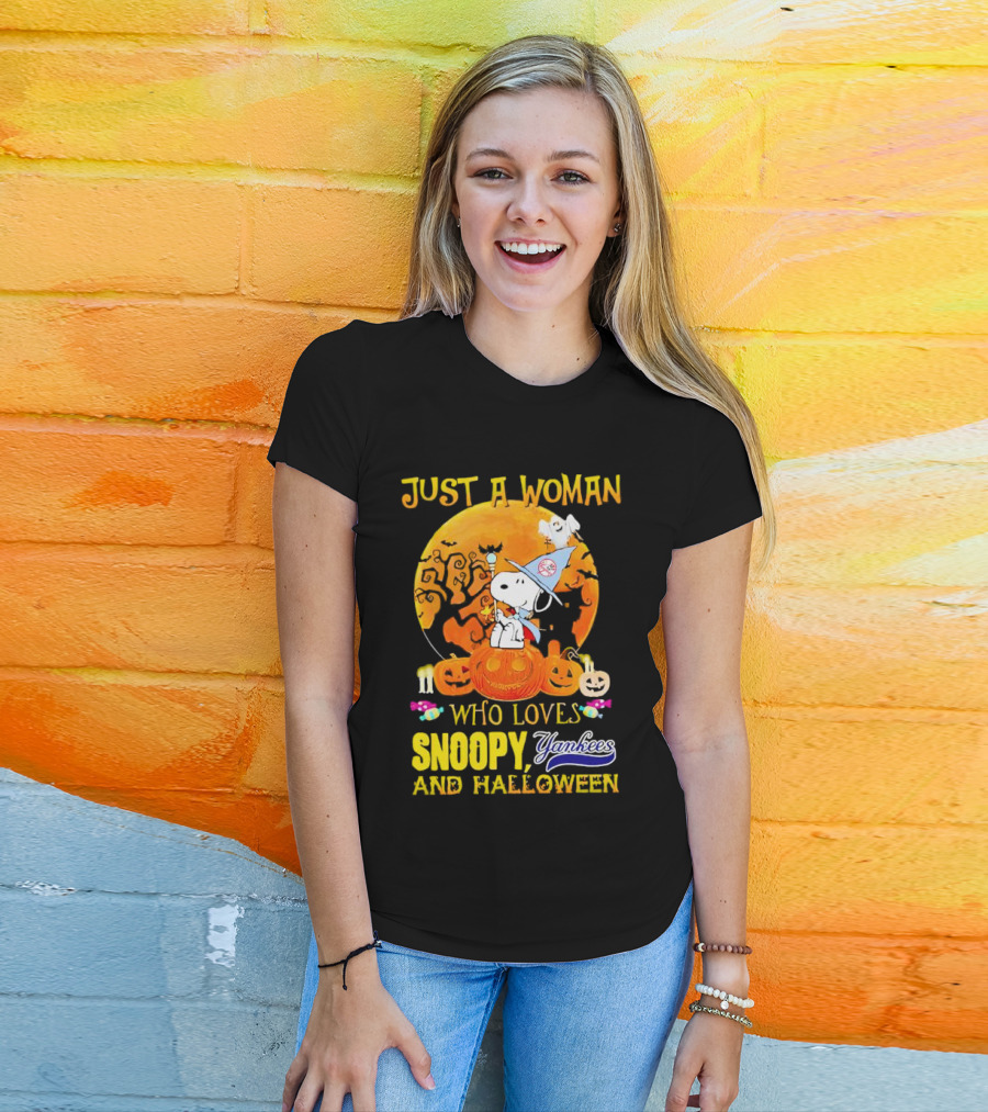 Just A Woman Who Loves Snoopy Yankees And Halloween T-Shirt