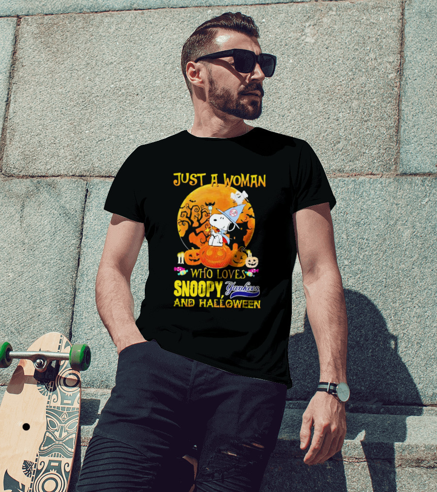 Just A Woman Who Loves Snoopy Yankees And Halloween T-Shirt