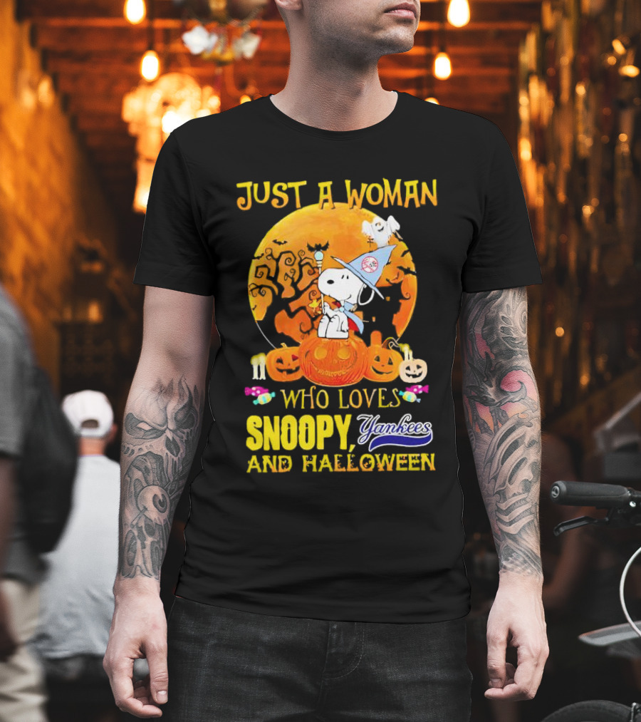 Just A Woman Who Loves Snoopy Yankees And Halloween T-Shirt