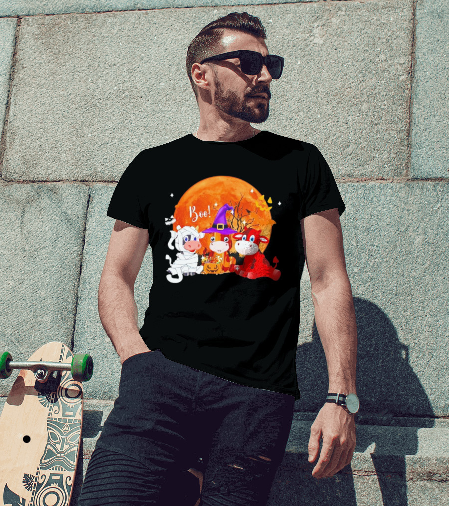 Boo Three Cow Halloween With Witch Hat Mummy And Devil In Front Of Full Moon T-Shirt