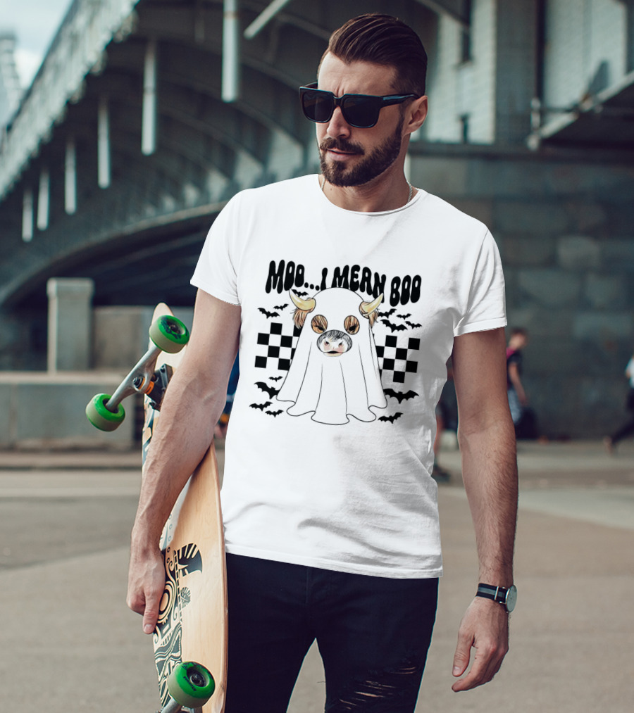 Moo I Mean Boo Ghost Cow With Bats And Checkered T-Shirt