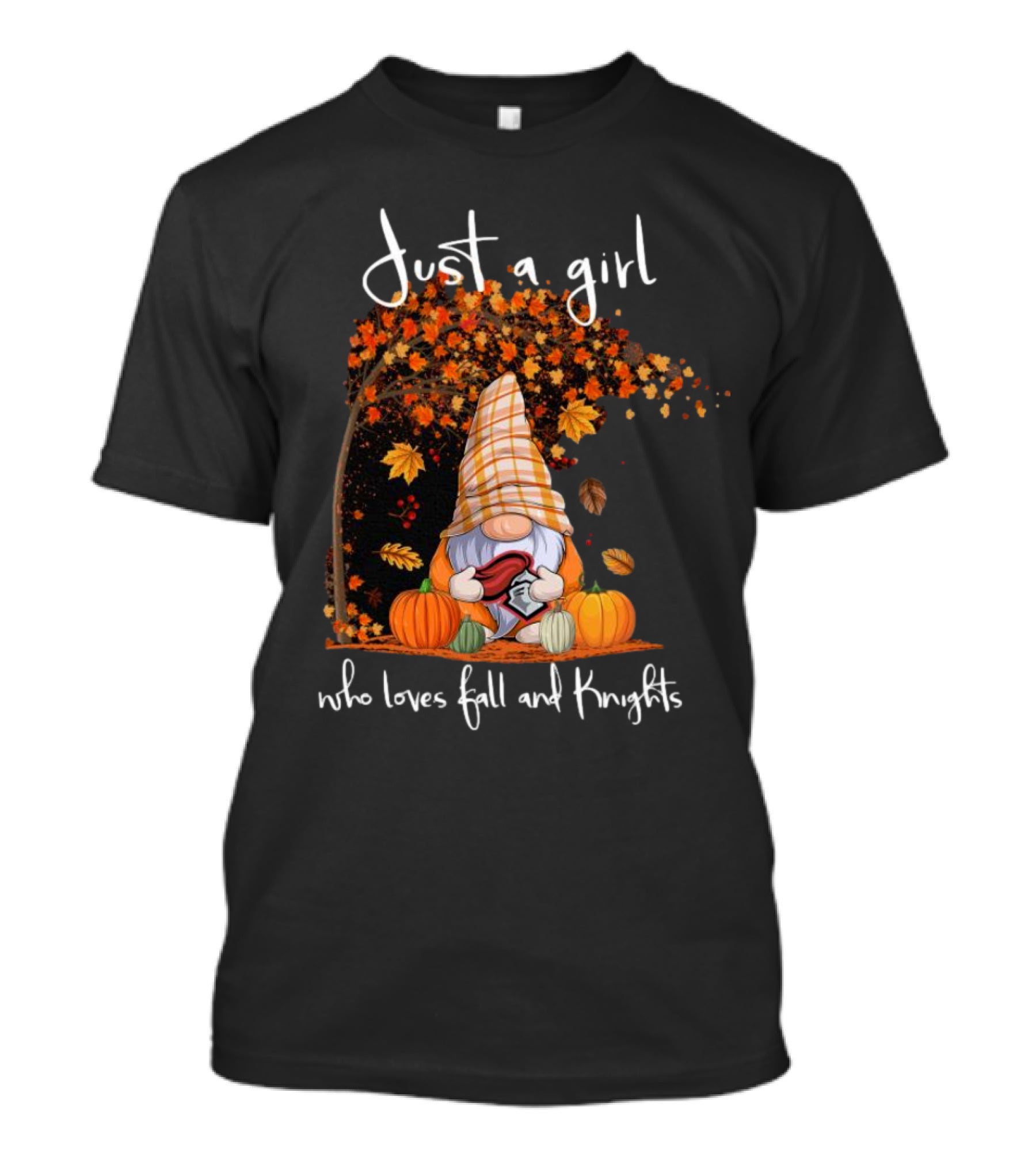 Just A Girl Who Loves Fall And Knights With Gnome And Autumn Leaves T-Shirt