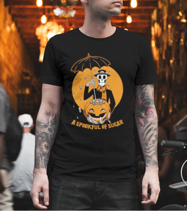 A Spookful of Sugar Skeleton with Umbrella and Pumpkin Halloween T-Shirt A Spookful of Sugar Skeleton with Umbrella and Pumpkin Halloween T-Shirt