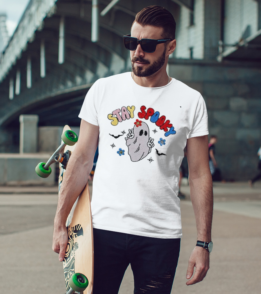Stay Spooky Ghost With Flowers And Peace Signs T-Shirt