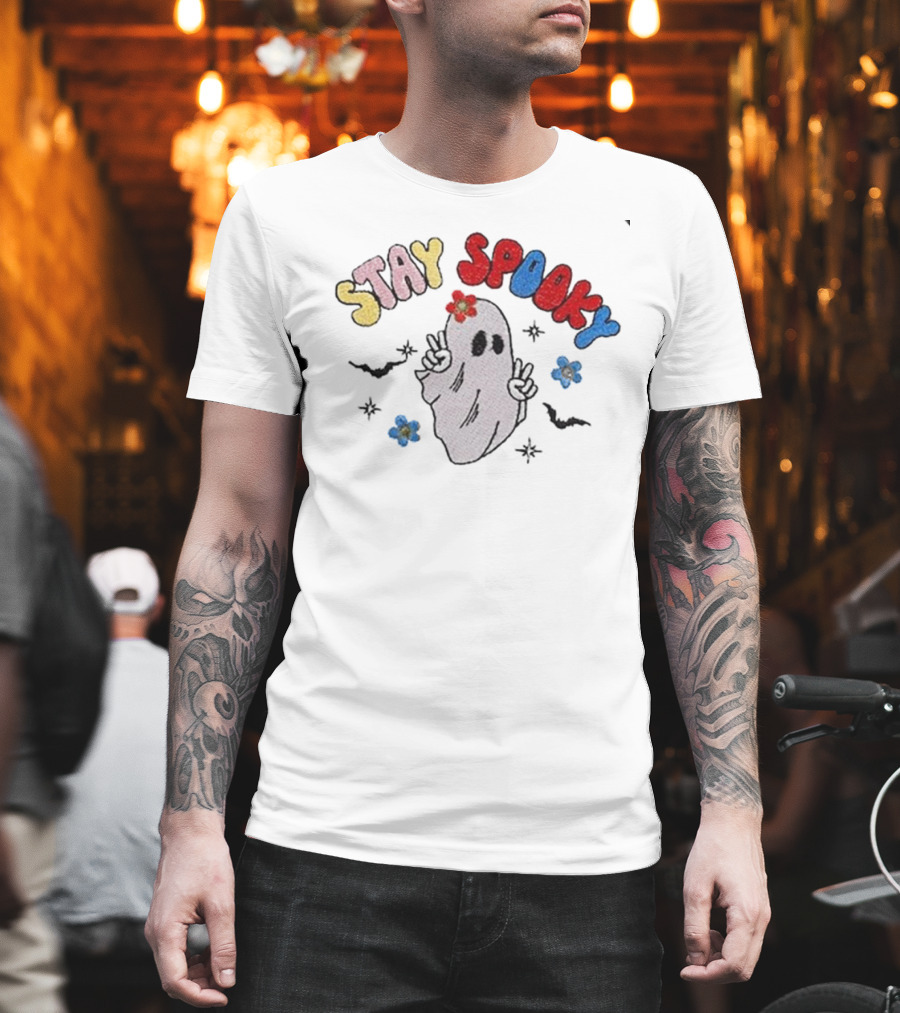 Stay Spooky Ghost With Flowers And Peace Signs T-Shirt