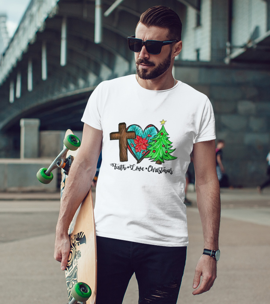 Faith Love Christmas Cross Poinsettia Tree T-Shirt