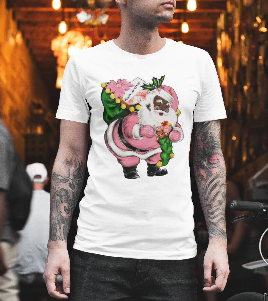 Merry Christmas Santa Claus Wear Pink Outfit With Sack And Toys T-Shirt