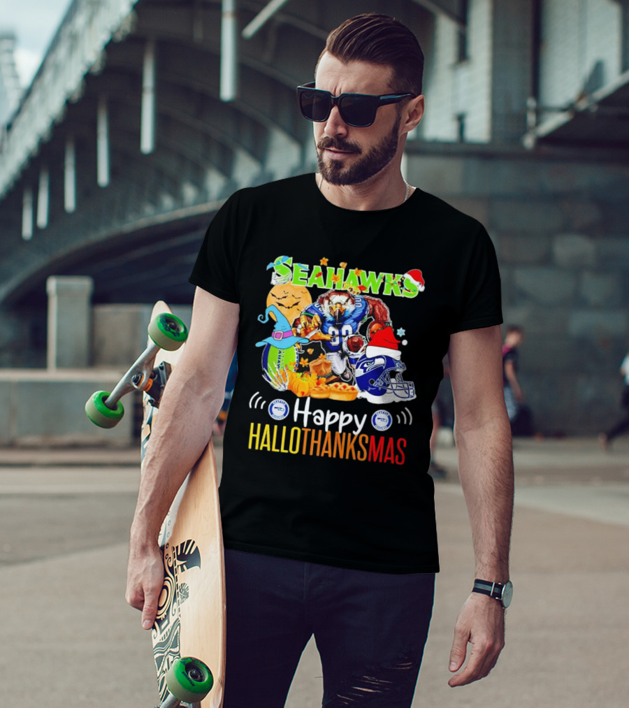 Seattle Seahawks Happy HalloThanksMas Holiday T-Shirt