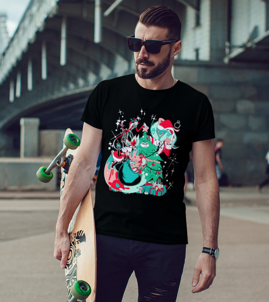 Shark Robot Sinful Holiday Christmas Hazbin Hotel Festive Tree And Characters T-Shirt