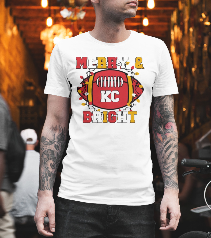 Kansas City Chiefs KC Merry And Bright Football Christmas T-Shirt