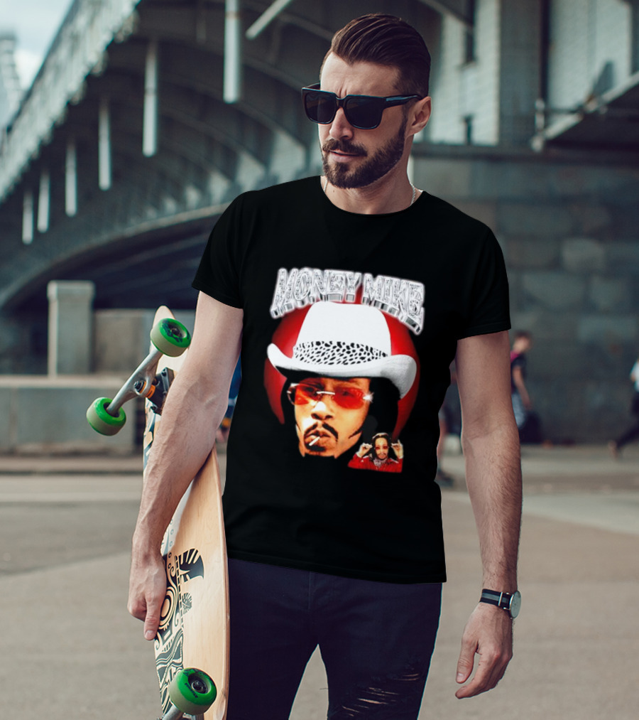 Money Mike Red Backdrop White Hat Sunglasses Iconic T-Shirt