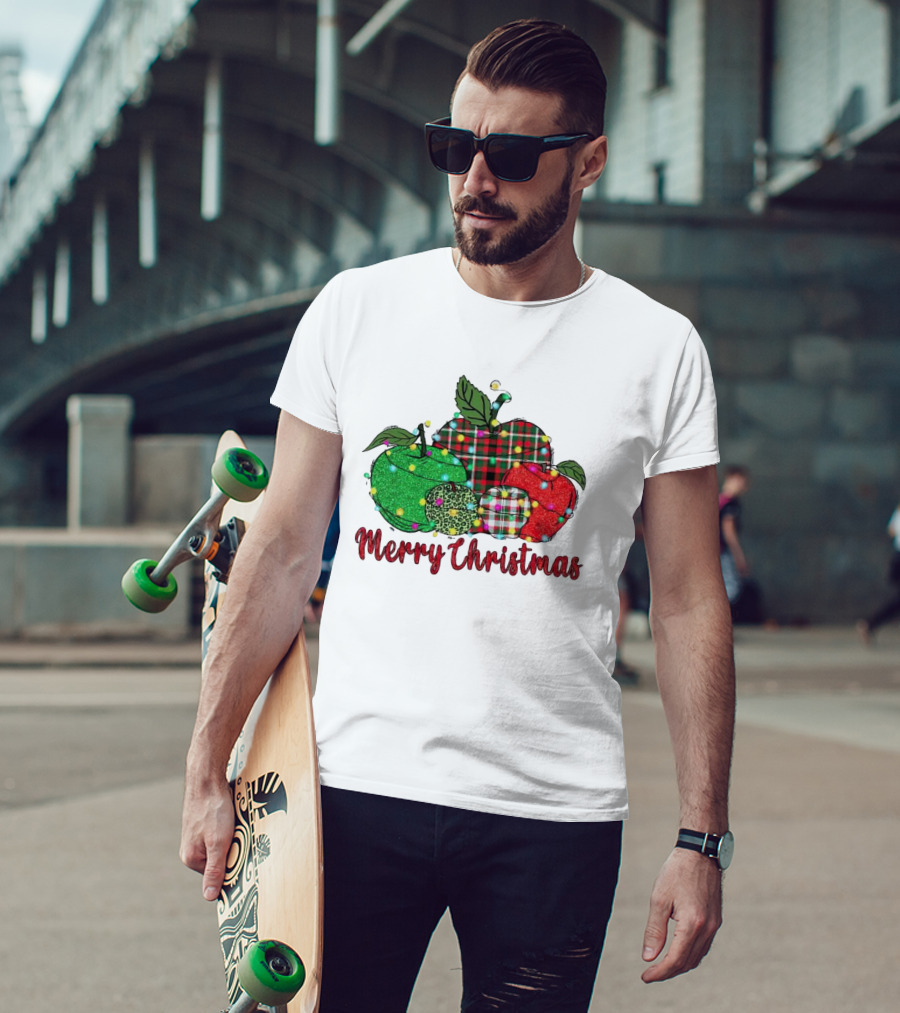 Merry Christmas Apples Plaid And Lights T-Shirt