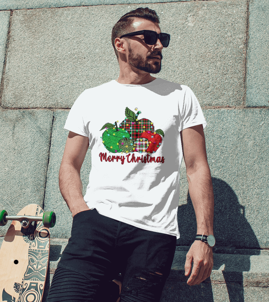Merry Christmas Apples Plaid And Lights T-Shirt