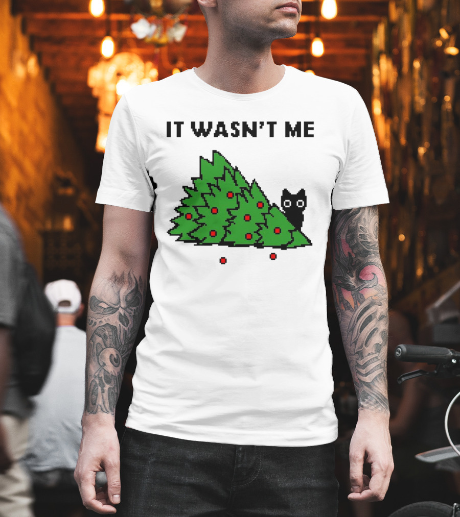 Cat Hiding Behind Christmas Tree It Wasn't Me T-Shirt