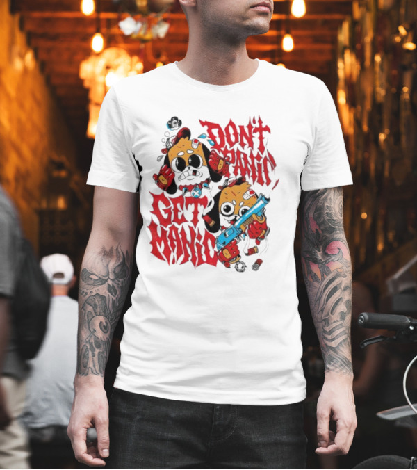 Don’t Panic Get Manic Cartoon Bears in Red and Black with Blue Gun T-Shirt Don’t Panic Get Manic Cartoon Bears in Red and Black with Blue Gun T-Shirt