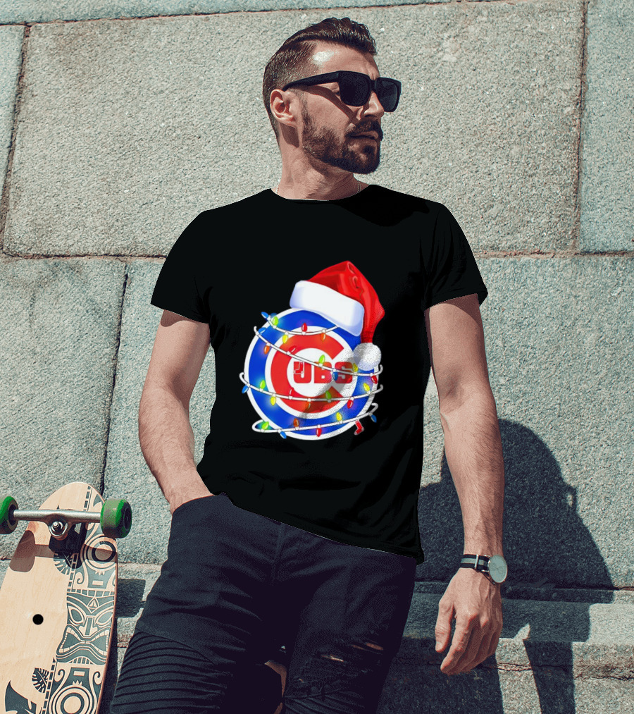 Chicago Cubs Festive Christmas Lights With Santa Hat T-Shirt
