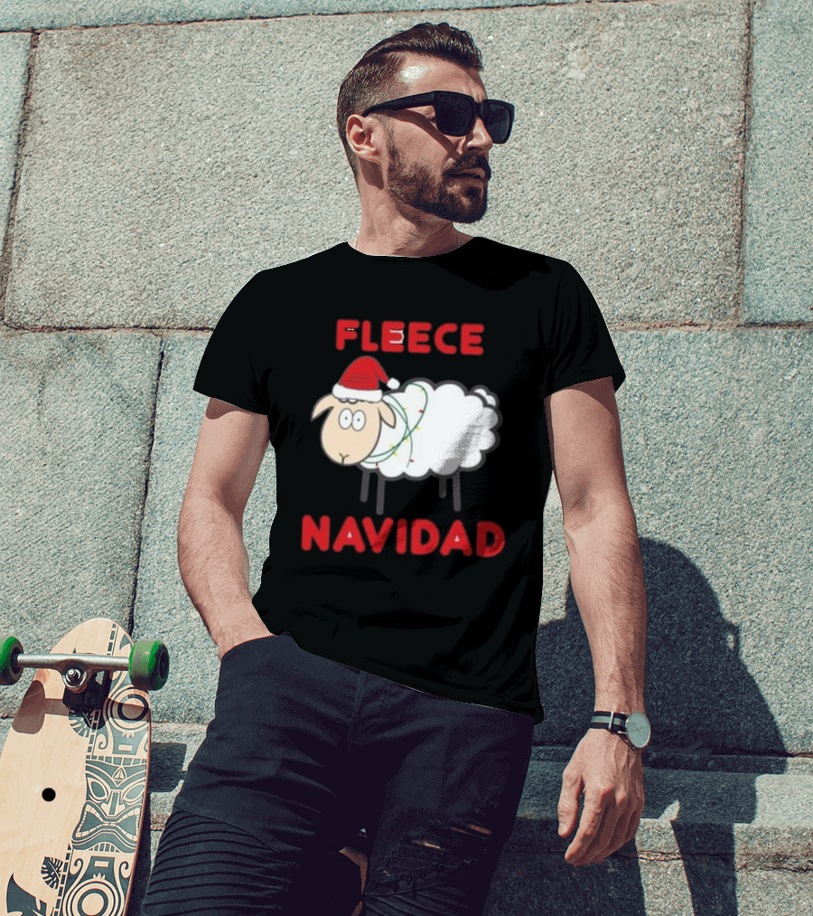 Fleece Navidad Christmas Sheep With Santa Hat And Festive Lights T-Shirt