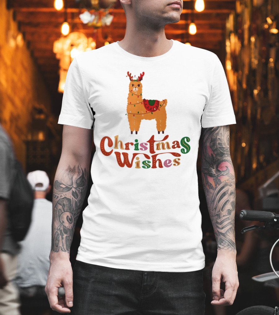 Christmas Wishes Llama Reindeer With Lights T-Shirt