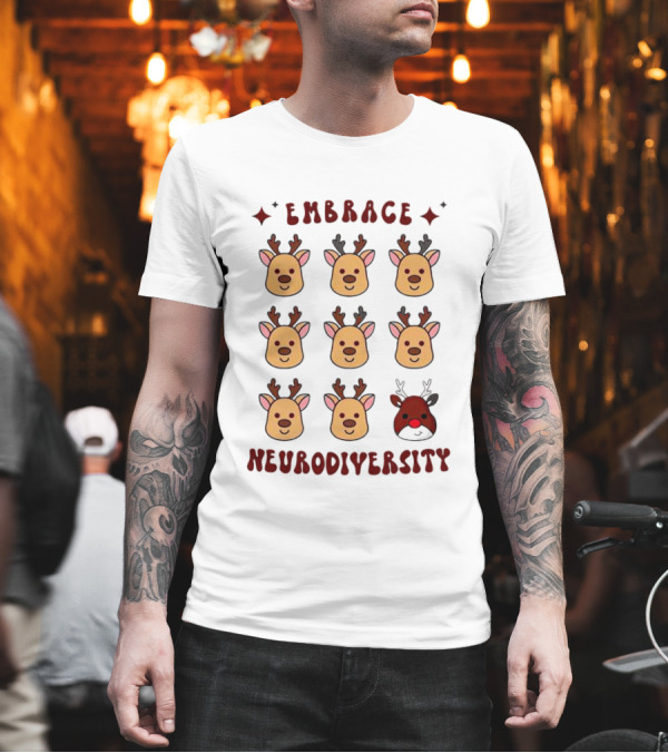 Embrace Neurodiversity Reindeer Faces Red Nose T-Shirt Embrace Neurodiversity Reindeer Faces Red Nose T-Shirt