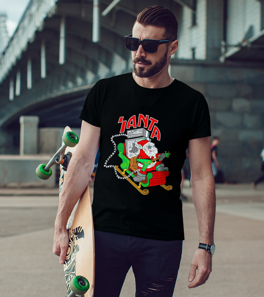 Santa Rocks Sleigh With Guitar And Amps Christmas T-Shirt