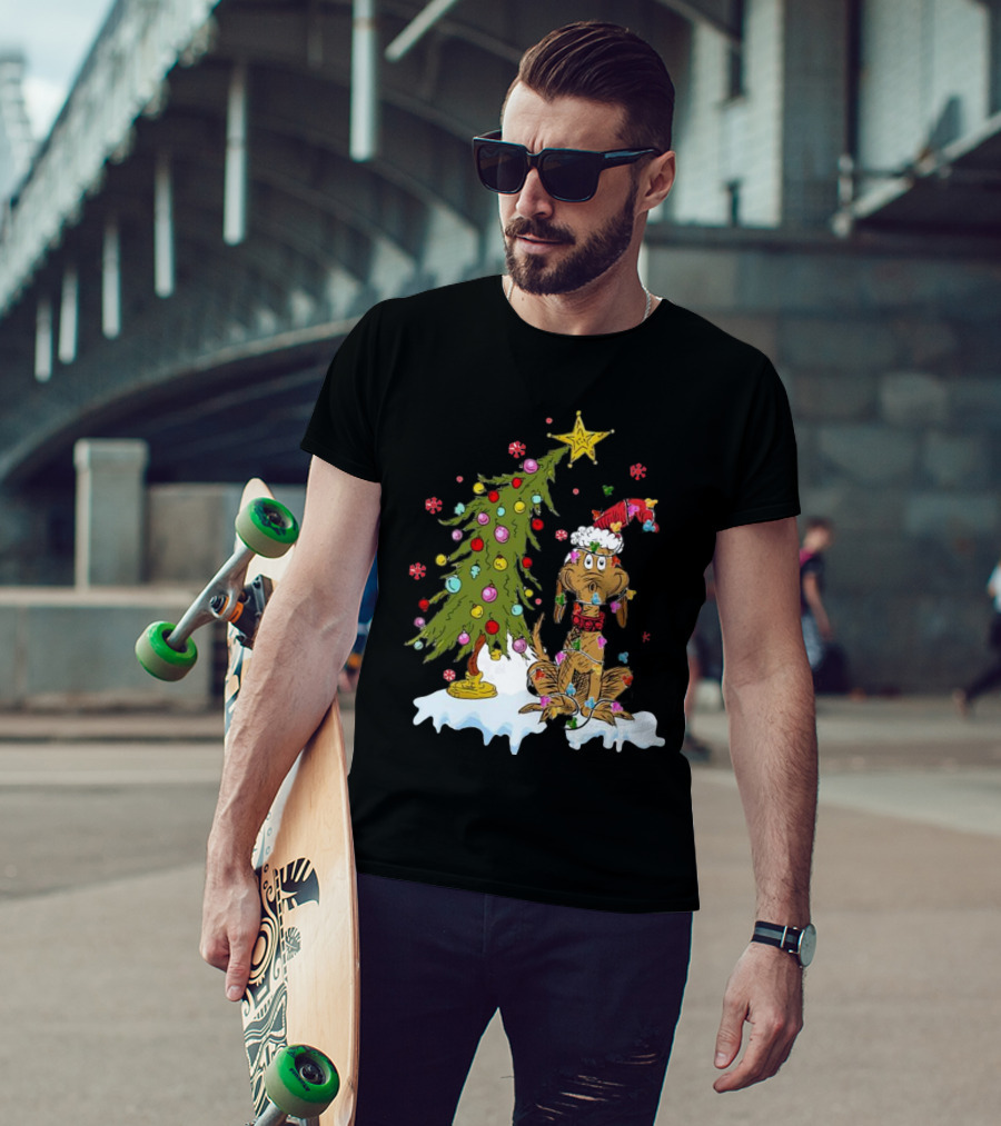 Christmas Max Dog Wrapped In Lights With Grinch Tree Scene T-Shirt