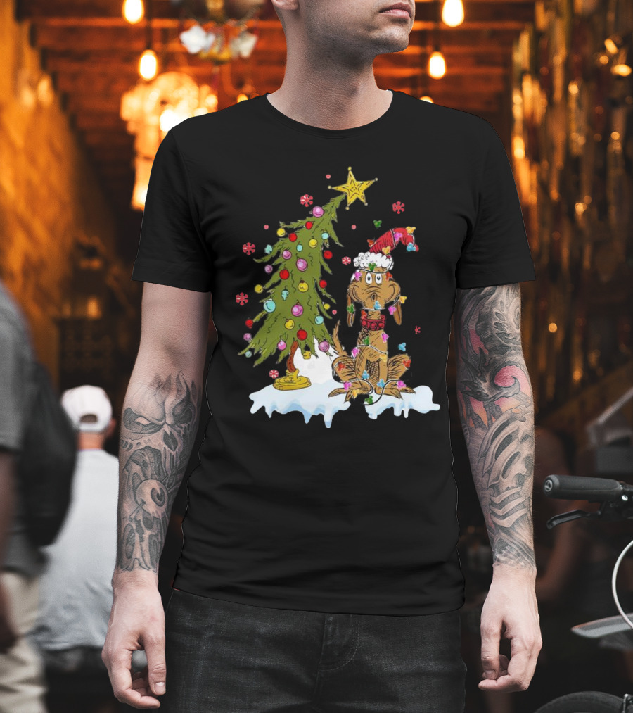Christmas Max Dog Wrapped In Lights With Grinch Tree Scene T-Shirt
