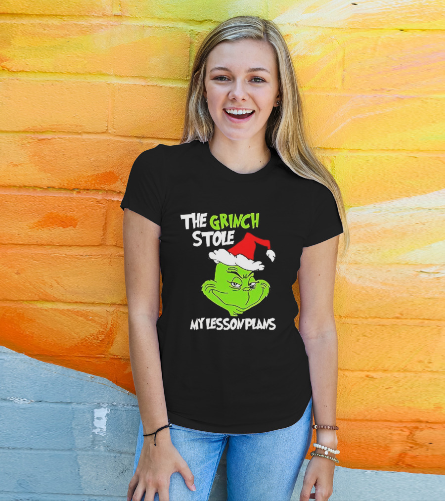 The Grinch Stole My Lesson Plans Christmas Red Hat Green Face T-Shirt