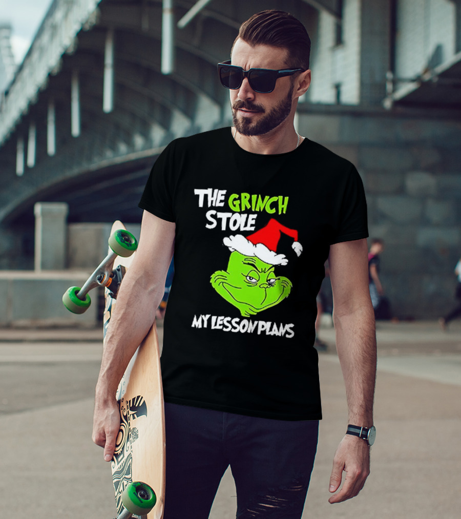 The Grinch Stole My Lesson Plans Christmas Red Hat Green Face T-Shirt