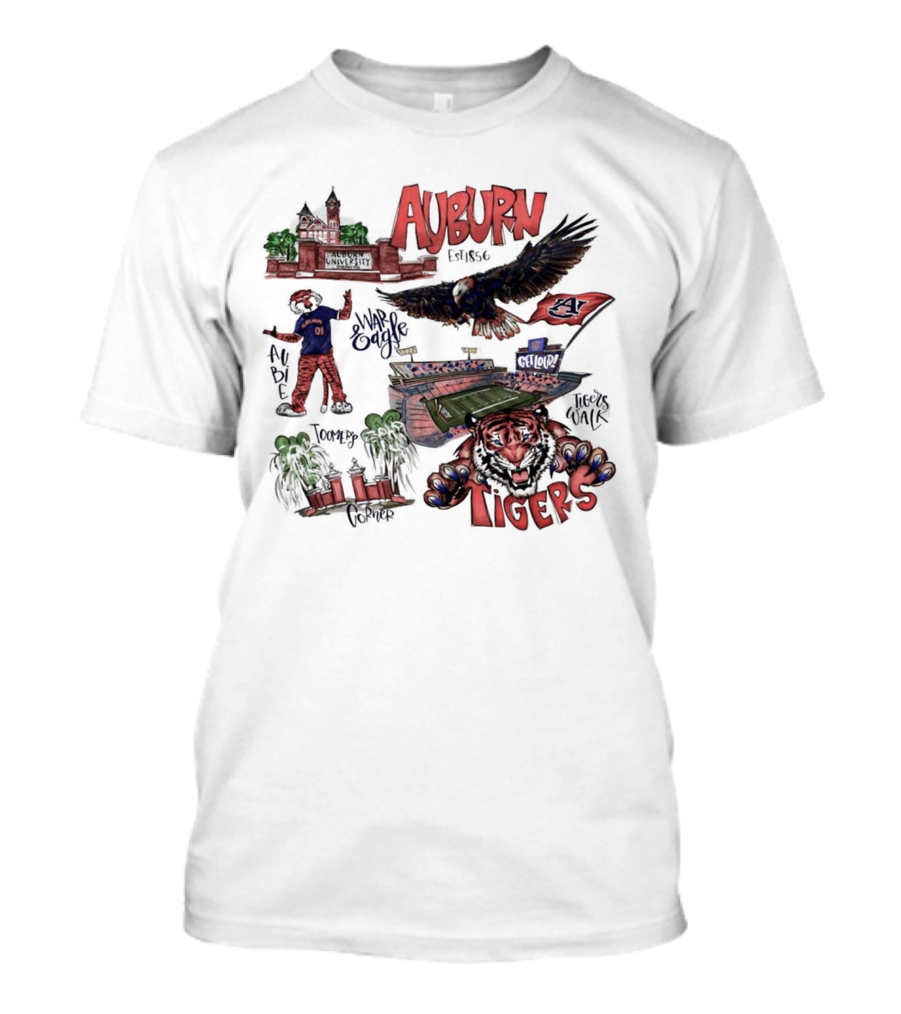 Auburn Tigers Toomer's Corner War Eagle Aubie Mascot Est 1856 Football Stadium T-Shirt