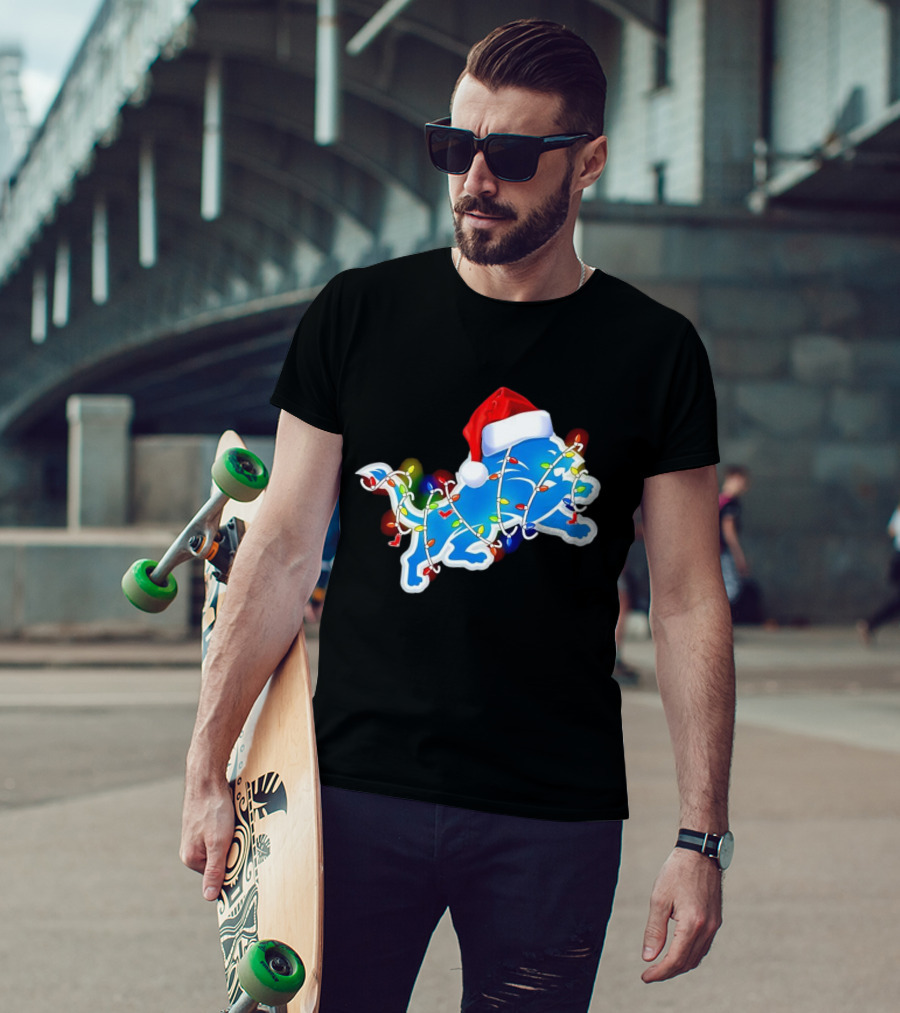 Detroit Lions Christmas Lights Santa Hat Holiday Football T-Shirt