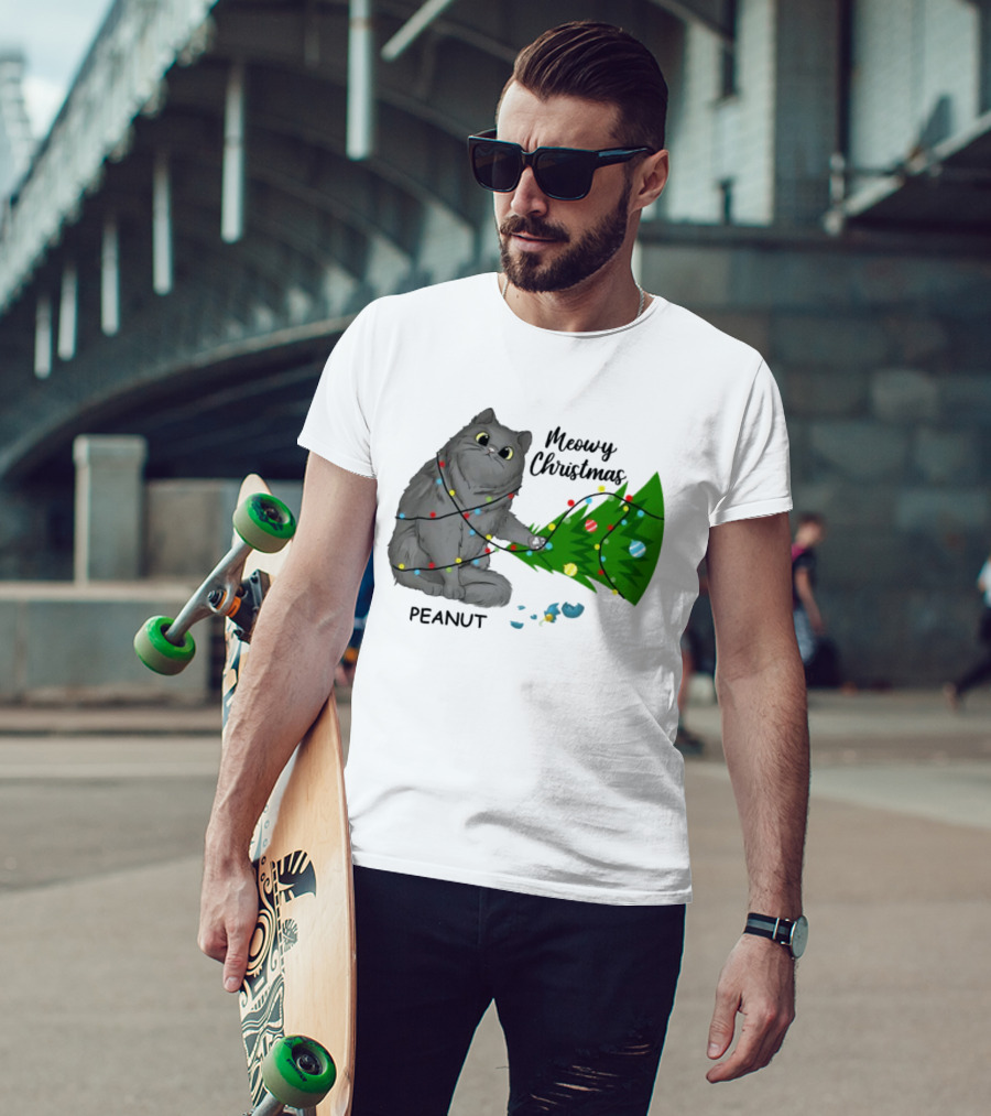 Meowy Christmas Cat Wrapped In Lights With Custom Name Peanut T-Shirt
