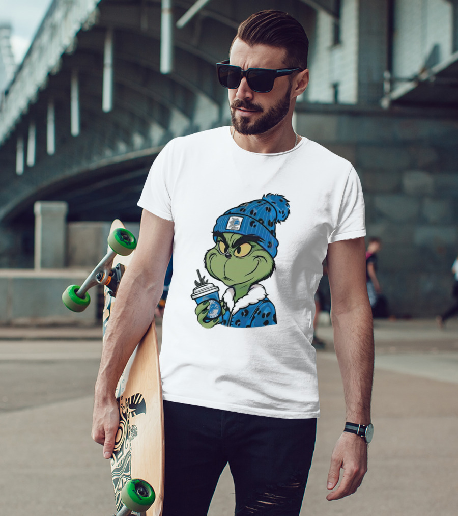 Grinch Wearing Detroit Lions Winter Outfit Holding Drink Christmas T-Shirt