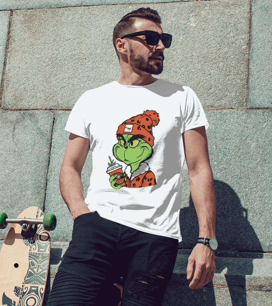 Grinch Wears Orange Beanie Holds Browns Mug Christmas T-Shirt