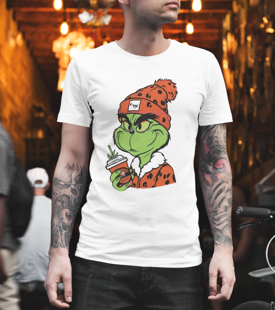 Grinch Wears Orange Beanie Holds Browns Mug Christmas T-Shirt