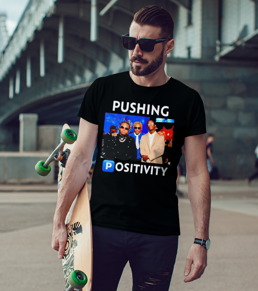 Pushing Positivity Iconic Trio With Blue Background T-Shirt